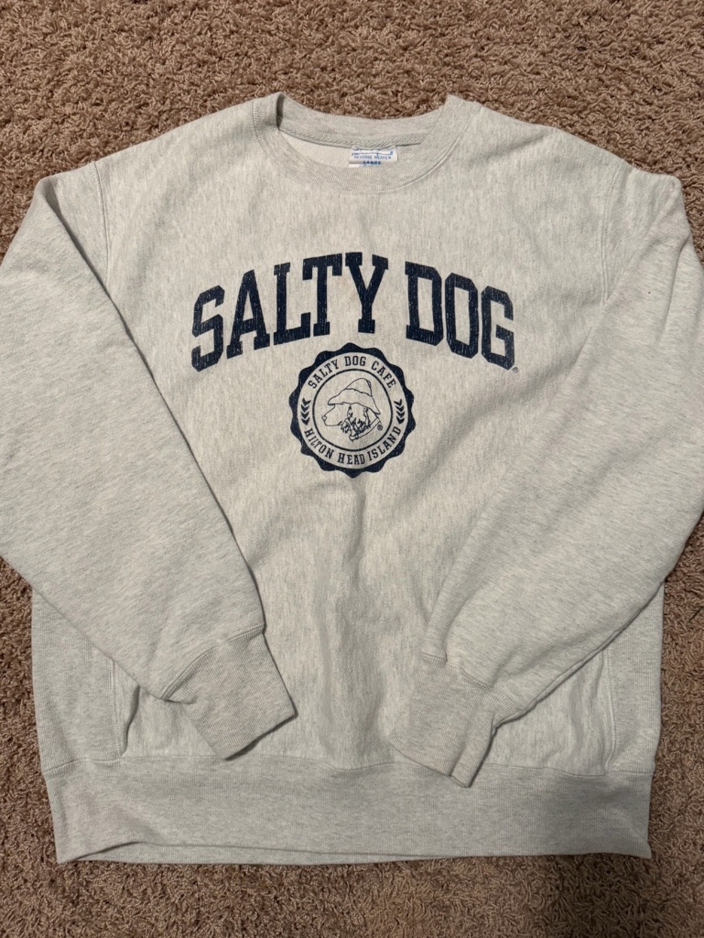 Champion Light Gray Crewneck Sweatshirt with Navy "Salty Dog" Logo